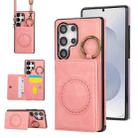For Samsung Galaxy S25 Ultra 5G Car Magnetic Ring Buckle Card Bag Phone Case with Lanyard(Pink) - 1
