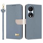 For Honor X7b 5G Global Metal Bow Leather Phone Case with Hand Strap(Light Blue) - 1