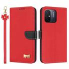 For Redmi 11A / 12C Metal Bow Leather Phone Case with Hand Strap(Red) - 1