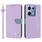 For Redmi Note 14S 4G Metal Bow Leather Phone Case with Hand Strap(Purple) - 1