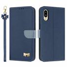 For Sharp Simple Sumaho 6 SHG09 Metal Bow Leather Phone Case with Hand Strap(Dark Blue) - 1