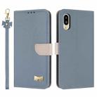 For Sharp Simple Sumaho 6 SHG09 Metal Bow Leather Phone Case with Hand Strap(Light Blue) - 1