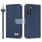 For Samsung Galaxy S22 5G Metal Bow Leather Phone Case with Hand Strap(Dark Blue) - 1