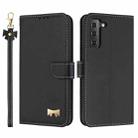 For Samsung Galaxy S22 5G Metal Bow Leather Phone Case with Hand Strap(Black) - 1