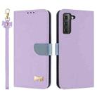 For Samsung Galaxy S22 5G Metal Bow Leather Phone Case with Hand Strap(Purple) - 1