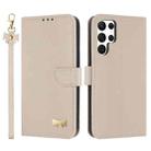 For Samsung Galaxy S22 Ultra 5G Metal Bow Leather Phone Case with Hand Strap(Apricot) - 1