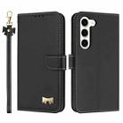 For Samsung Galaxy S23 5G Metal Bow Leather Phone Case with Hand Strap(Black) - 1