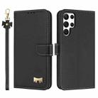 For Samsung Galaxy S23 Ultra 5G Metal Bow Leather Phone Case with Hand Strap(Black) - 1