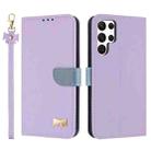 For Samsung Galaxy S23 Ultra 5G Metal Bow Leather Phone Case with Hand Strap(Purple) - 1