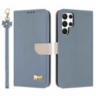 For Samsung Galaxy S23 Ultra 5G Metal Bow Leather Phone Case with Hand Strap(Light Blue) - 1