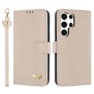 For Samsung Galaxy S24 Ultra 5G Metal Bow Leather Phone Case with Hand Strap(Apricot) - 1