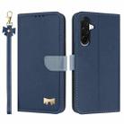 For Samsung Galaxy A36 / A56 5G Metal Bow Leather Phone Case with Hand Strap(Dark Blue) - 1