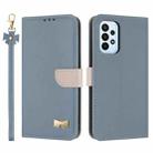 For Samsung Galaxy A33 5G Metal Bow Leather Phone Case with Hand Strap(Light Blue) - 1