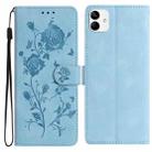 For Samsung Galaxy A04 Rose Flower Embossing Pattern Leather Phone Case(Sky Blue) - 1