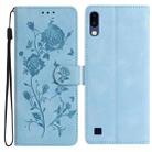 For Samsung Galaxy A10 / M10 Rose Flower Embossing Pattern Leather Phone Case(Sky Blue) - 1