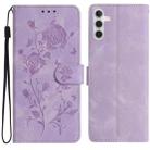For Samsung Galaxy A13 5G Rose Flower Embossing Pattern Leather Phone Case(Light Purple) - 1