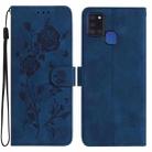 For Samsung Galaxy A21S Rose Flower Embossing Pattern Leather Phone Case(Dark Blue) - 1