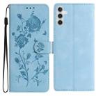 For Samsung Galaxy A25 Rose Flower Embossing Pattern Leather Phone Case(Sky Blue) - 1