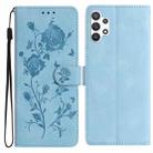 For Samsung Galaxy A32 Rose Flower Embossing Pattern Leather Phone Case(Sky Blue) - 1
