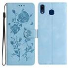 For Samsung Galaxy A40 Rose Flower Embossing Pattern Leather Phone Case(Sky Blue) - 1