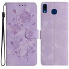 For Samsung Galaxy A40 Rose Flower Embossing Pattern Leather Phone Case(Light Purple) - 1