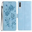 For Samsung Galaxy A50 Rose Flower Embossing Pattern Leather Phone Case(Sky Blue) - 1