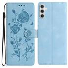 For Samsung Galaxy A54 Rose Flower Embossing Pattern Leather Phone Case(Sky Blue) - 1
