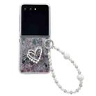 For Motorola Razr 50 Ultra Pearlescent Shell Texture Heart Pattern Phone Case with Bracelet(Pink Green) - 1