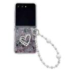 For Motorola Razr 60 Ultra Pearlescent Shell Texture Heart Pattern Phone Case with Bracelet(Pink Green) - 1