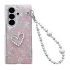 For Samsung Galaxy Z Fold7 5G Pearlescent Shell Texture Heart Pattern Phone Case with Bracelet(Pink Green) - 1