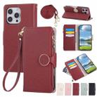 For iPhone 16 Pro Max Round Buckle Zipper Wallet Leather Phone Case with Crossbody Strap(Red) - 1