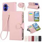 For iPhone 16 Plus Round Buckle Zipper Wallet Leather Phone Case with Crossbody Strap(Pink) - 1