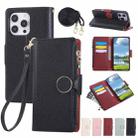 For iPhone 14 Pro Round Buckle Zipper Wallet Leather Phone Case with Crossbody Strap(Black) - 1