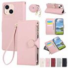 For iPhone 13 Round Buckle Zipper Wallet Leather Phone Case with Crossbody Strap(Pink) - 1