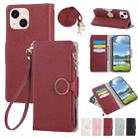 For iPhone 13 Round Buckle Zipper Wallet Leather Phone Case with Crossbody Strap(Red) - 1