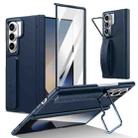 For Samsung Galaxy Z Fold7 Film Integrated Lens Frame Bracket Phone Case with Wristband(Dark Blue) - 1