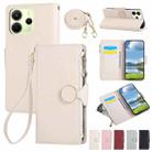 For Redmi Note 14 4G 163.3mm Round Buckle Zipper Wallet Leather Phone Case with Crossbody Strap(White) - 1