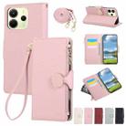For Redmi Note 14 4G 164.8mm Round Buckle Zipper Wallet Leather Phone Case with Crossbody Strap(Pink) - 1