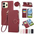 For Redmi Note 14 4G 164.8mm Round Buckle Zipper Wallet Leather Phone Case with Crossbody Strap(Red) - 1