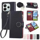 For Redmi Note 14 5G Round Buckle Zipper Wallet Leather Phone Case with Crossbody Strap(Black) - 1
