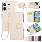 For Redmi Note 13 4G Round Buckle Zipper Wallet Leather Phone Case with Crossbody Strap(White) - 1