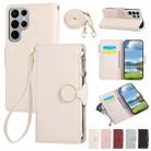 For Samsung Galaxy S22 Ultra 5G Round Buckle Zipper Wallet Leather Phone Case with Crossbody Strap(White) - 1