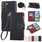 For Samsung Galaxy S21 FE 5G Round Buckle Zipper Wallet Leather Phone Case with Crossbody Strap(Black) - 1