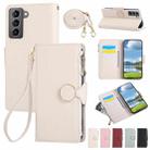 For Samsung Galaxy S21 5G Round Buckle Zipper Wallet Leather Phone Case with Crossbody Strap(White) - 1