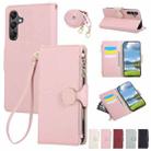 For Samsung Galaxy A25 5G Round Buckle Zipper Wallet Leather Phone Case with Crossbody Strap(Pink) - 1