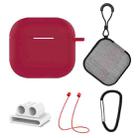 For AirPods 4 5 in 1 Silicone Earphone Protective Case + Earphone Bag + Earphones Buckle + Hook + Anti-lost Rope Set(Wine Red) - 1