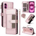 For iPhone 16 Plus Crossbody Strap RFID Blocking Zipper Wallet Leather Phone Case(Rose Gold) - 1