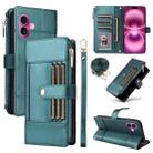 For iPhone 16 Plus Crossbody Strap RFID Blocking Zipper Wallet Leather Phone Case(Green) - 1
