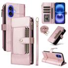 For iPhone 16 Crossbody Strap RFID Blocking Zipper Wallet Leather Phone Case(Rose Gold) - 1