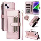 For iPhone 15 Plus Crossbody Strap RFID Blocking Zipper Wallet Leather Phone Case(Rose Gold) - 1